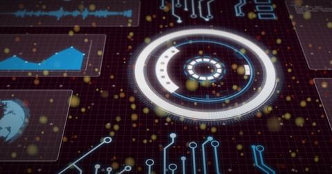 Rotating Neon HUD Dial with Data Panels and Holographic Analytics Interface