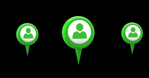 Green map pins with profile icons on black background