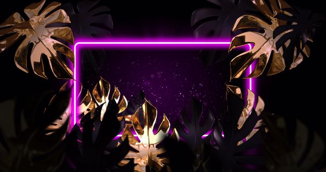 Golden Tropical Leaves with Neon Purple Frame on Black - Download Free Stock Images Pikwizard.com