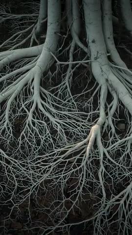 Revealing Exposed Tree Roots Unfolding in Vertical Pan, Showing Intricate Root Network