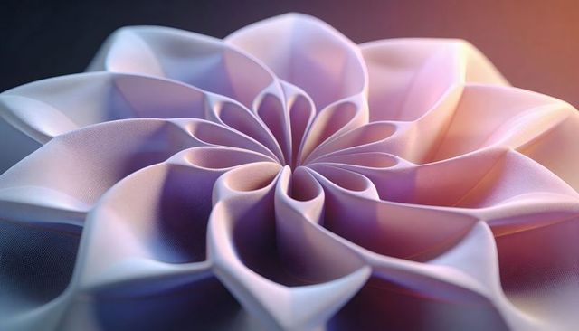 Folded textile flower sculpture radiating spiral petals pastel gradient abstract
