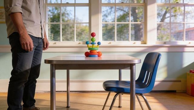 Sunlit preschool corner featuring colorful ring stacker on table and waiting blue chair