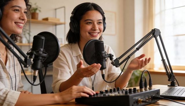 Smiling podcast hosts recording lively conversation with condenser mic and audio mixer