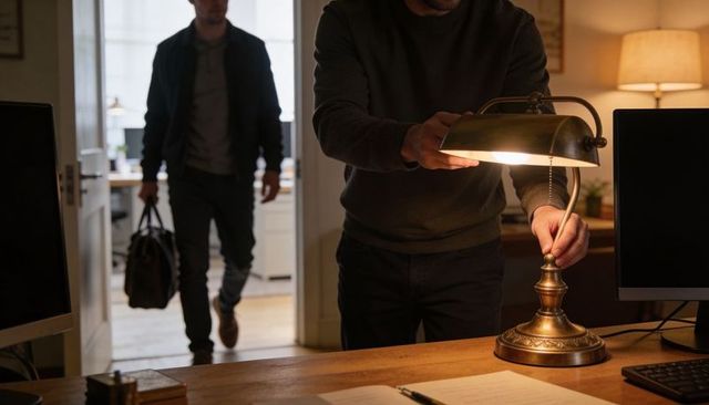 Man Adjusting Brass Desk Lamp while Coworker Enters Office Carrying Duffel Bag