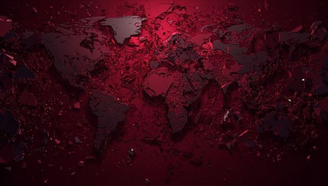 Fractured Red World Map Shattering into Glossy Shards Global Data Disruption Concept