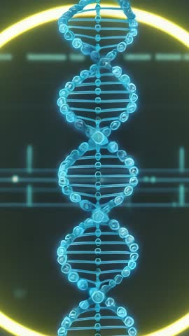 Rotating DNA Double Helix Animating on Startup with Neon Ring and Data Lines Vertical Video