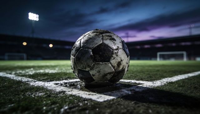 Worn soccer ball resting on wet muddy corner line under stadium floodlights at twilight