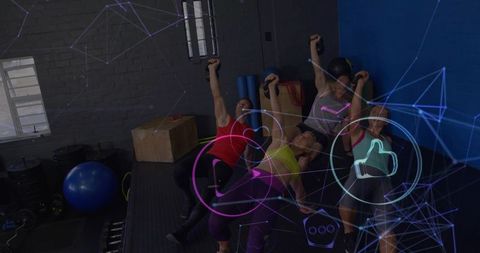 Group kettlebell training on incline benches in modern gym with augmented reality overlays