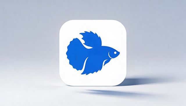 Floating app icon with blue betta fish logo casting soft shadow on gray background