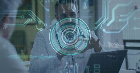 Doctor Engaging with Futuristic Holographic Interface in Office