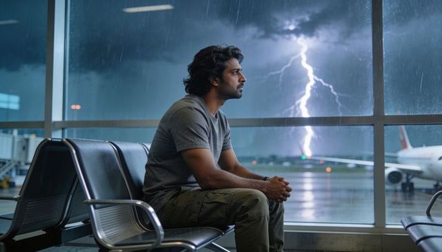 Traveler watching lightning strike outside airport gate window during stormy travel delay