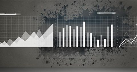 Industrial Data Visualization Trio Displaying Bar Line Area Charts on Concrete Wall