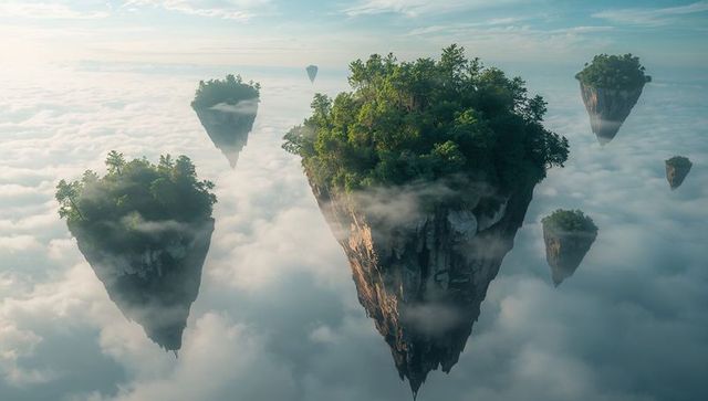Floating inverted-cones drifting above cloud sea with lush forest canopies and mist