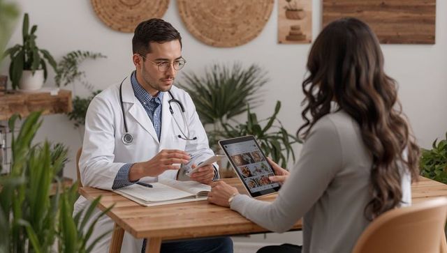 Doctor consulting patient while checking prescription and reviewing tablet meal photos