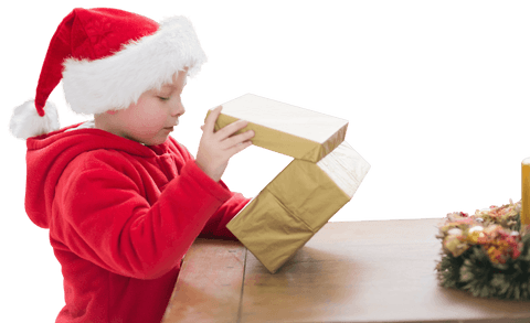 Happy Child in Santa Hat Opening Christmas Gift on Transparent Background