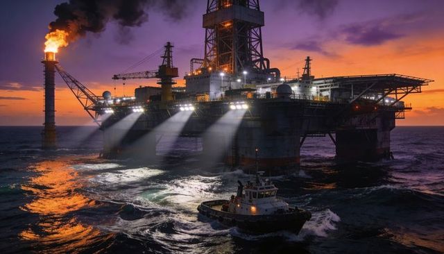 Towering offshore oil rig casting floodlights at dusk with flare stack and tugboat crew