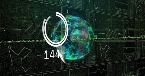 Rotating Holographic Globe Displaying Progress Ring, Numeric Readout and Telemetry Waveform