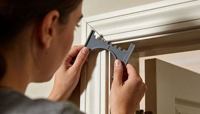 Woman measuring door trim with multi-angle tool for precise molding and jamb fitting