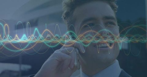 Happy Professional Communicating Via Smartphone with Digital Overlays