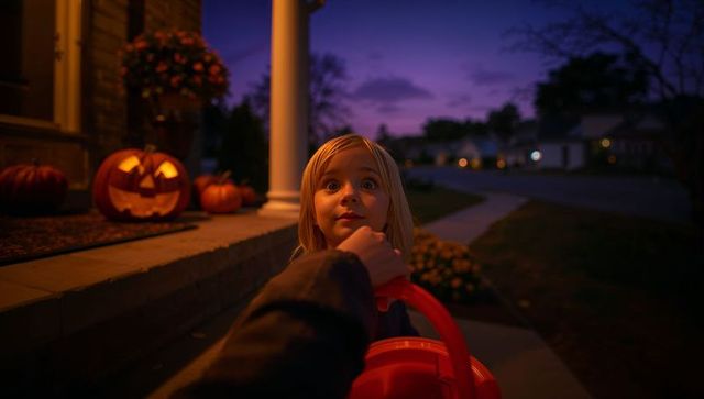Child embracing autumn with pumpkin bucket on dimly lit porch