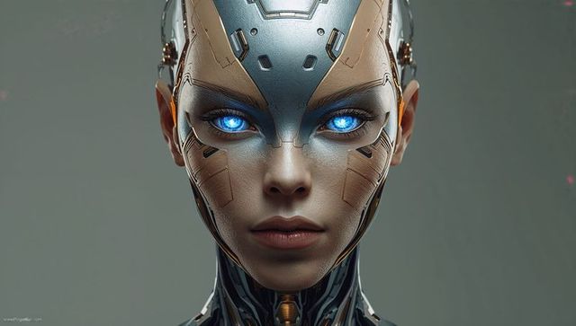 Female android staring with glowing blue eyes and seamless skin-metal plating