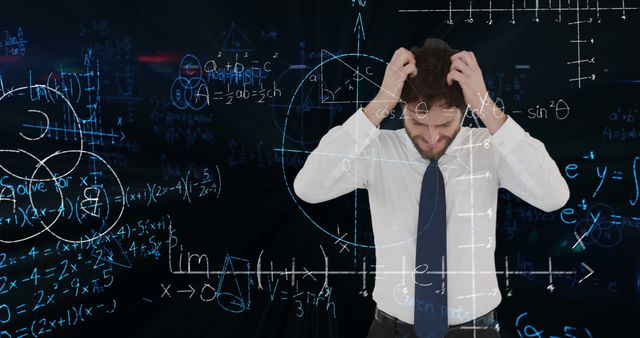 Businessman in a white shirt and tie, grabbing his hair in frustration while surrounded by complex mathematical formulas and equations. Scene implies intense stress, problem-solving, work pressure. Useful for illustrating articles on work stress, challenging exercises in education, complexities of mathematical fields, or corporate environments demanding, mental effort.