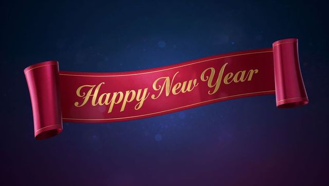 Maroon satin ribbon banner saying happy new year in gold script on navy gradient