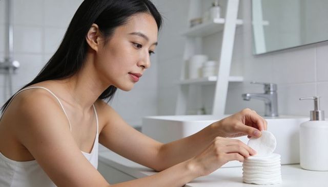 Woman arranging cotton pads at bathroom vanity for skincare routine and morning beauty ritual