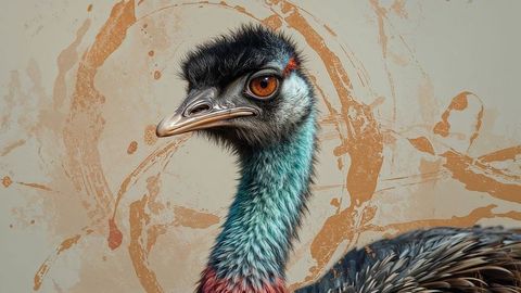 Close-up portrait of emu with vibrant feathers in artistic background