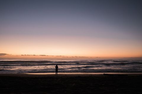 Solitary Figure Observing Serene Beach Twilight