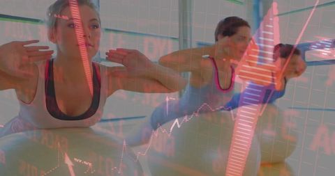 Women exercising on stability balls with financial overlay