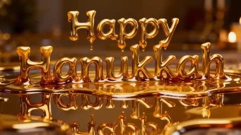 Golden Happy Hanukkah text dripping into molten gold pool creating reflective ripples animation