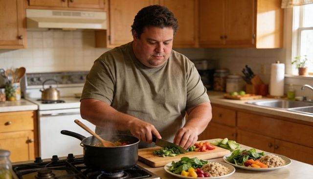 Man preparing healthy home-cooked meal chopping vegetables on wooden cutting board
