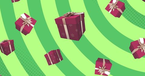 Colorful Christmas Gifts Falling on Vibrant Green Background