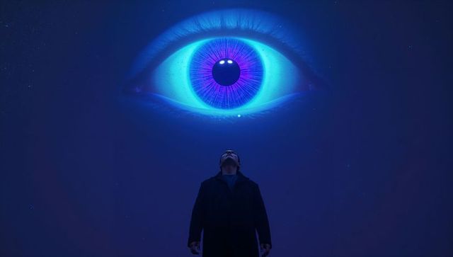 Man gazing up at giant luminous eye projection installation in surreal blue cosmic gallery