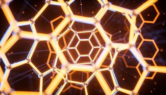 Glowing hexagonal lattice rotating into molecular cage nanostructure emitting orange light