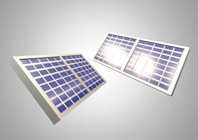 Image shows digitally rendered solar panels against a white background, emphasizing the concept of renewable and clean energy. Its modern and clean design highlights technological advancements in sustainability. Ideal for use in presentations, educational materials, advertisements promoting green energy, and articles on renewable energy trends.