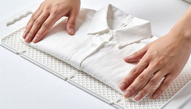Hands folding white collared shirt on folding board for neat minimalist wardrobe