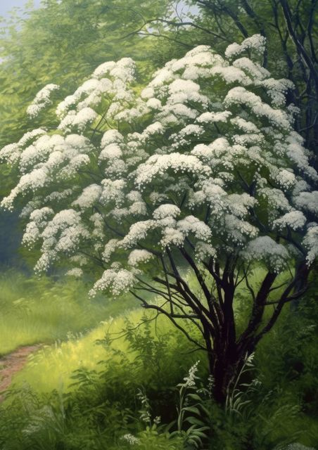 Picture captures a blooming elder tree with white flowers and green foliage in a sunny forest. Ideal for use in nature-themed projects, botanical illustrations, and promoting outdoor activities. Reflects tranquility and the beauty of summertime.