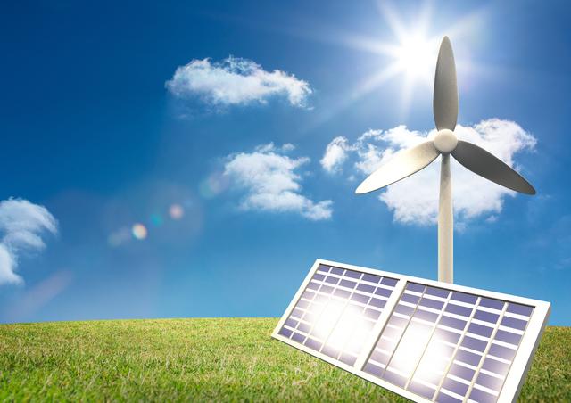 Illustrates modern solutions for sustainable energy with a focus on solar and wind power. Can be used for educational purposes, environmental campaigns, presentations, and articles focused on renewable energy and eco-friendly technologies.
