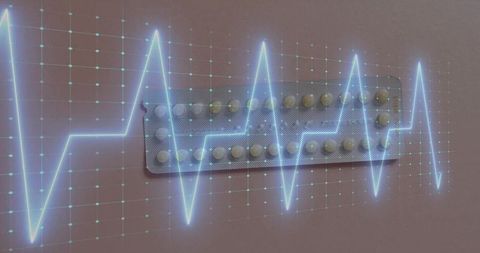 Contraceptive pill blister with ecg overlay showing cardiac safety and medication monitoring
