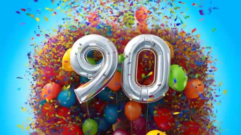 Celebrating 90th Birthday with Silver Number Balloons and Exploding Confetti on Blue