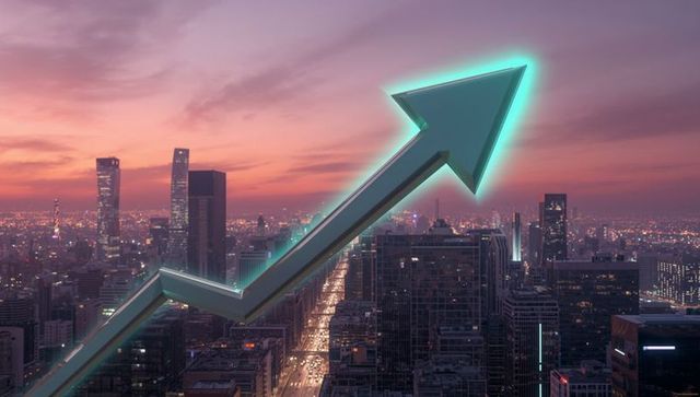 Glowing teal 3d arrow over urban cityscape at dusk