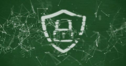 Glowing Shield Lock Protecting Network on Chalkboard with Math Formulas and Mesh Glitch