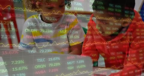 Kids exploring stock market basics on laptop with interactive data overlay in classroom