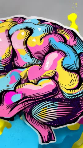Vertical video of pop-art brain cutout dripping neon paint, cyan pooling, yellow drops