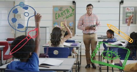 Smiling teacher leading elementary classroom with engaged students raising hands