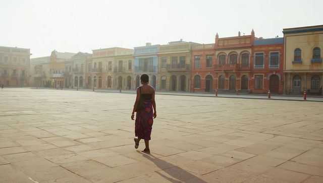Walking woman crossing sunlit historic plaza with pastel arched facades and balconies