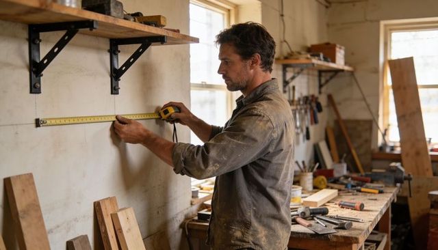 Carpenter measuring wall with tape measure in dusty sunlit workshop