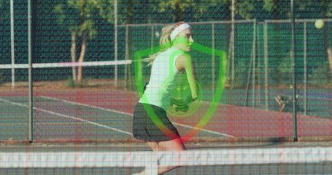 Female Tennis Player with Digital Security Overlay